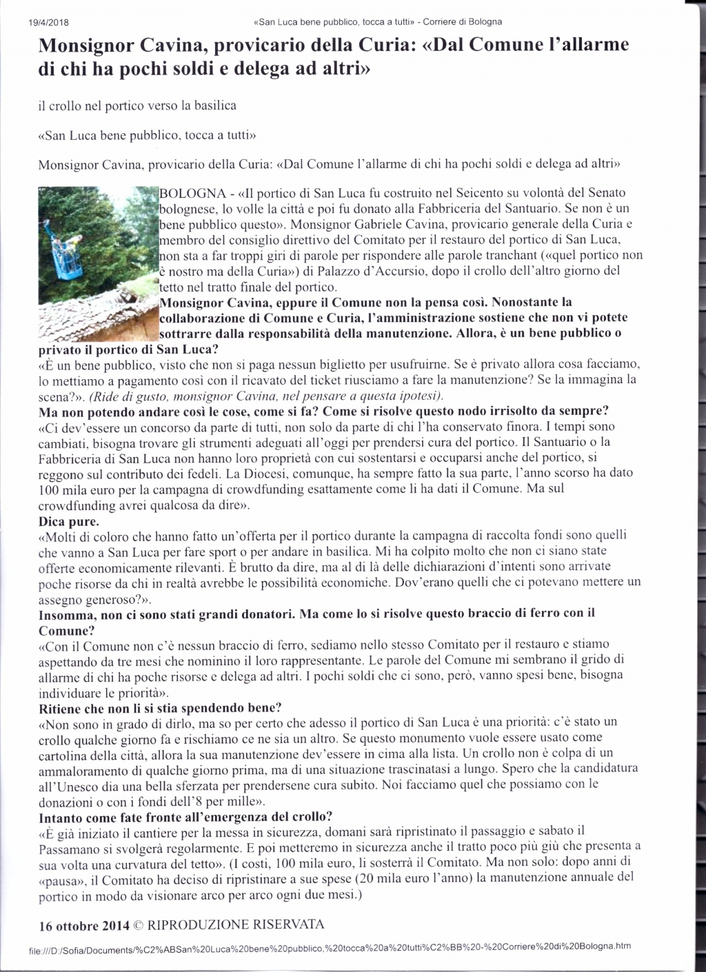 Monsignor Cavina - Corriere di Bologna 16-10-2014
